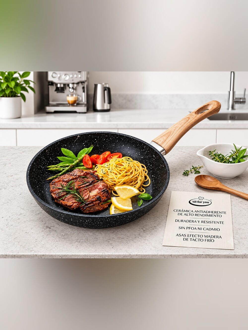 Non-Branded Black Speckled Nonstick Frying Pan with Wood-Effect Handle